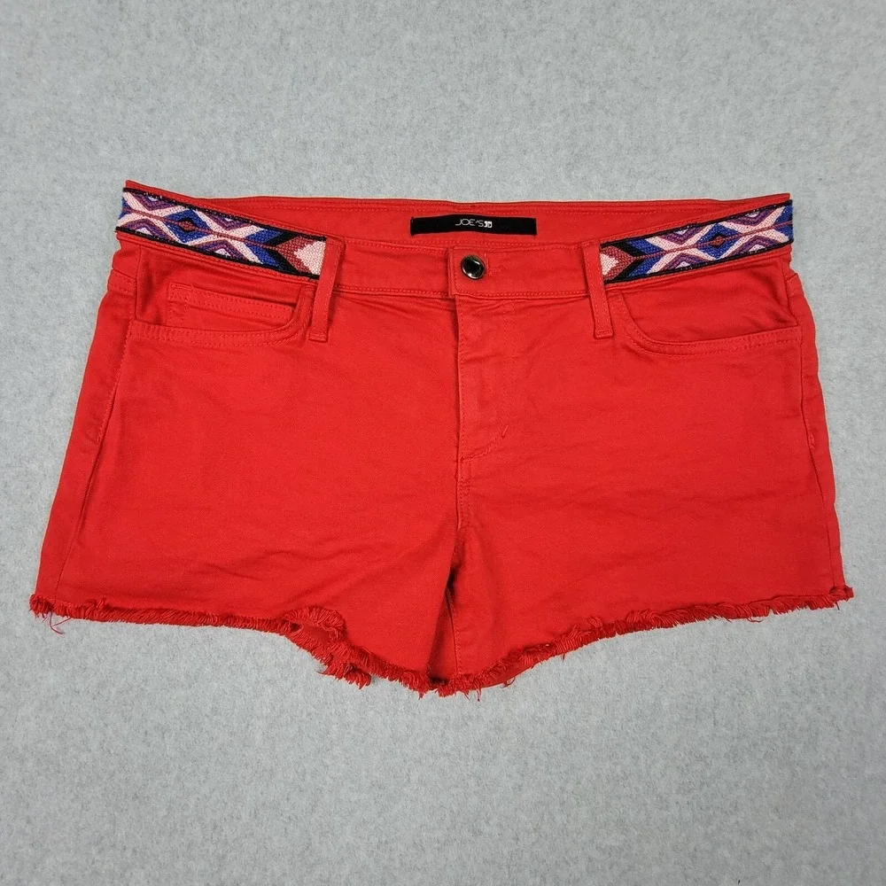 Joe's Jeans Shorts Aztec Embroidery Waist Frayed‎ Cut Off Denim  Sz 31 Red